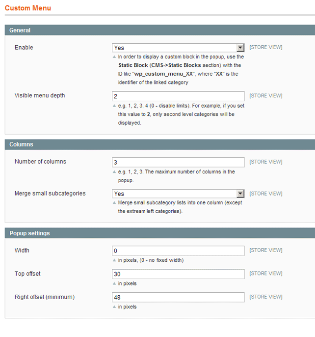 Custom menu settings