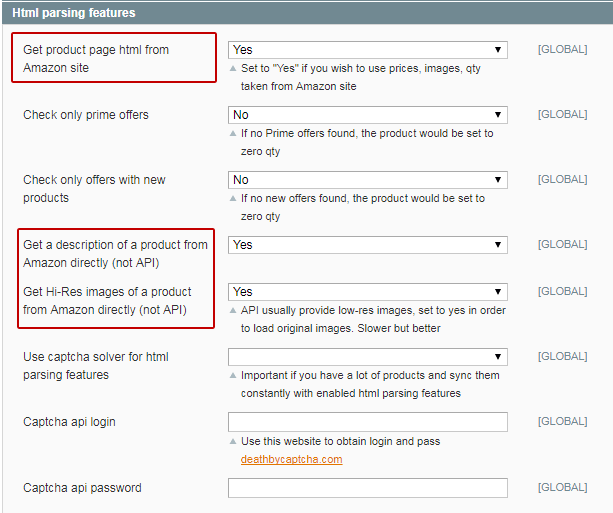 Amazon Magento extension - HTML parsing features settings