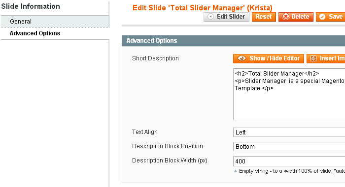 Magento Slider Settings