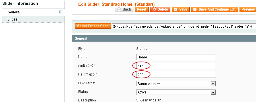 Magento Slider Settings