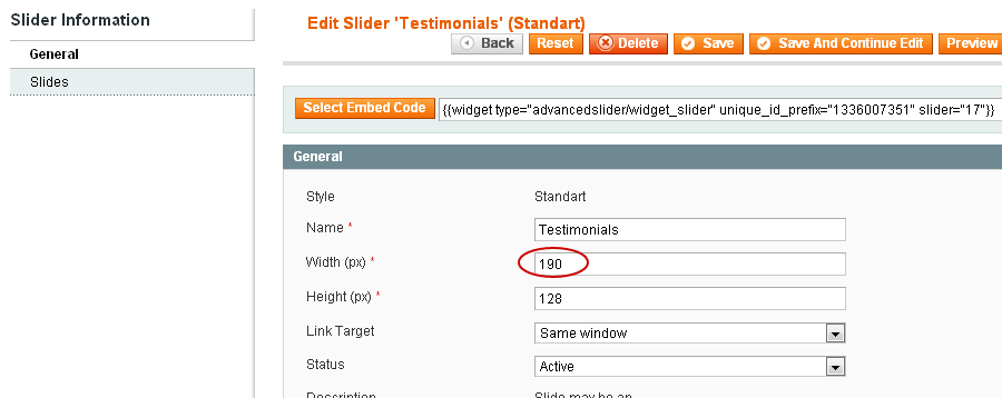 Magento Slider Settings