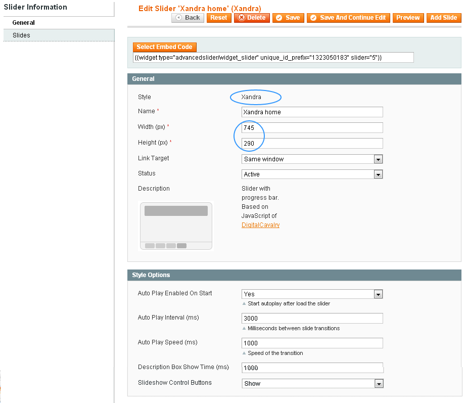 Magento Slider Settings