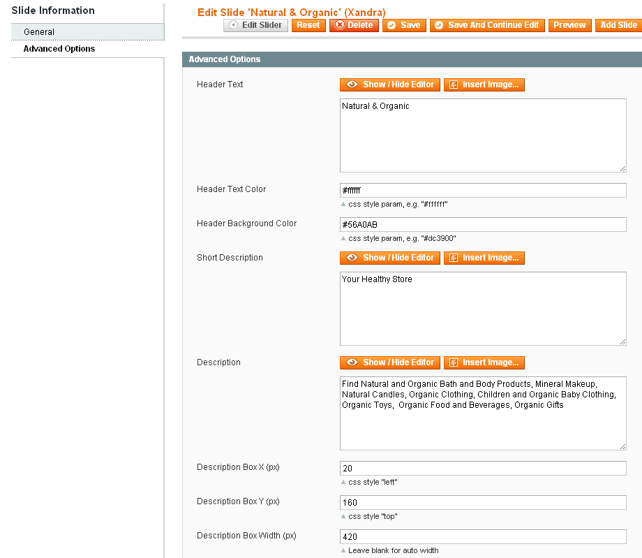 Magento Slider Settings