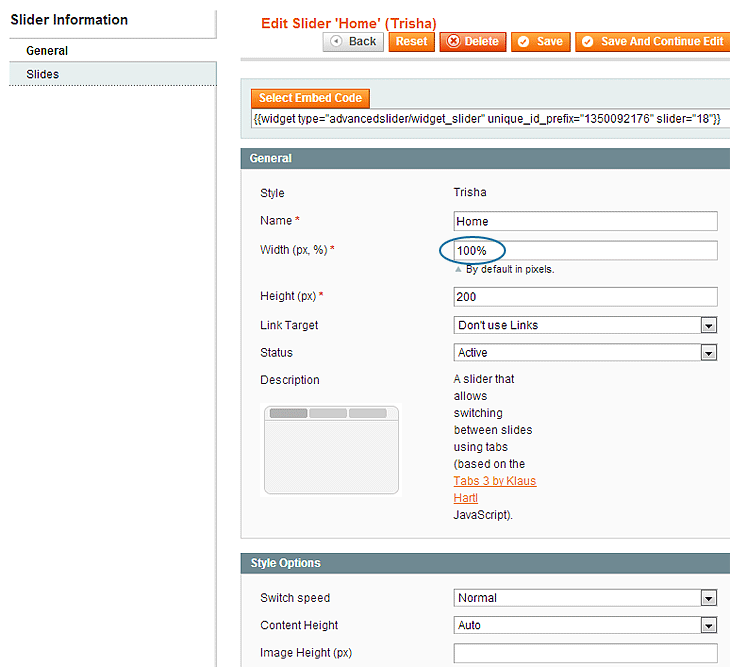 Magento Trisha Slider Settings