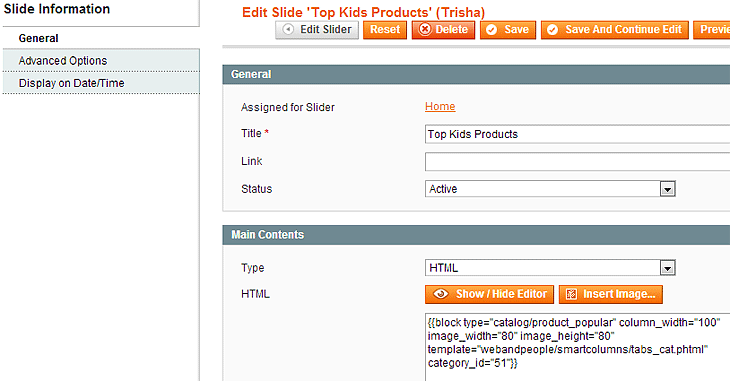 Magento Trisha Slider Settings