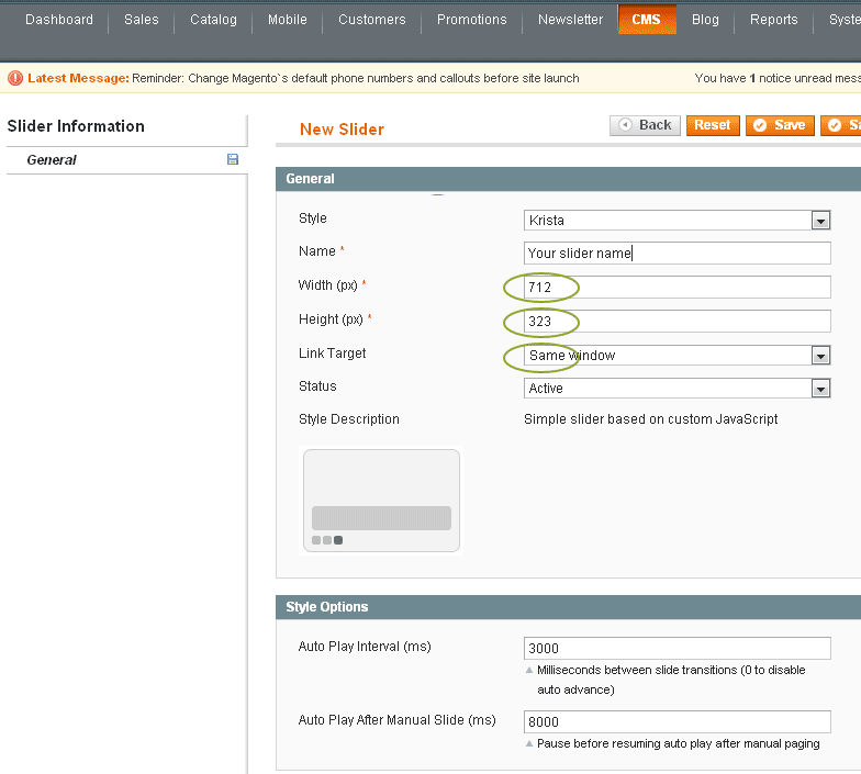 Magento Slider Settings