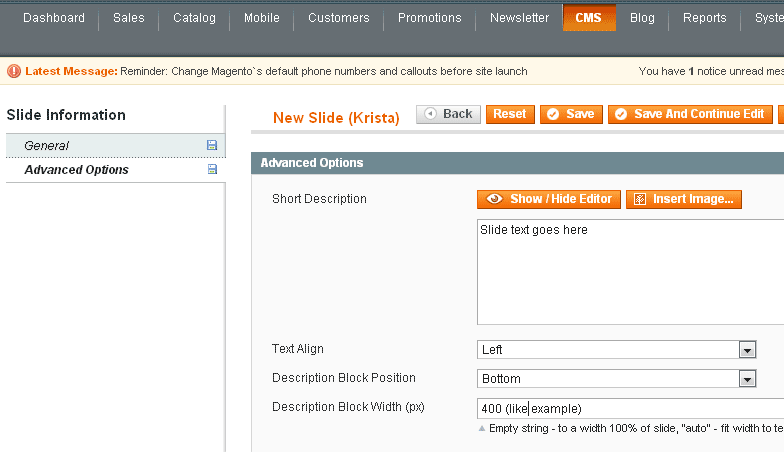 Magento Slider Settings