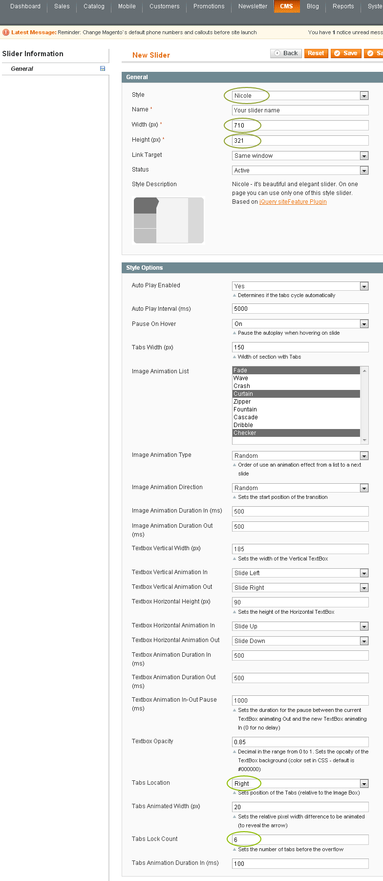 Magento Slider Settings