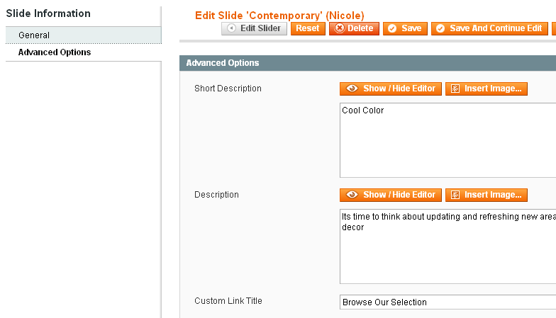 Magento Slider Settings