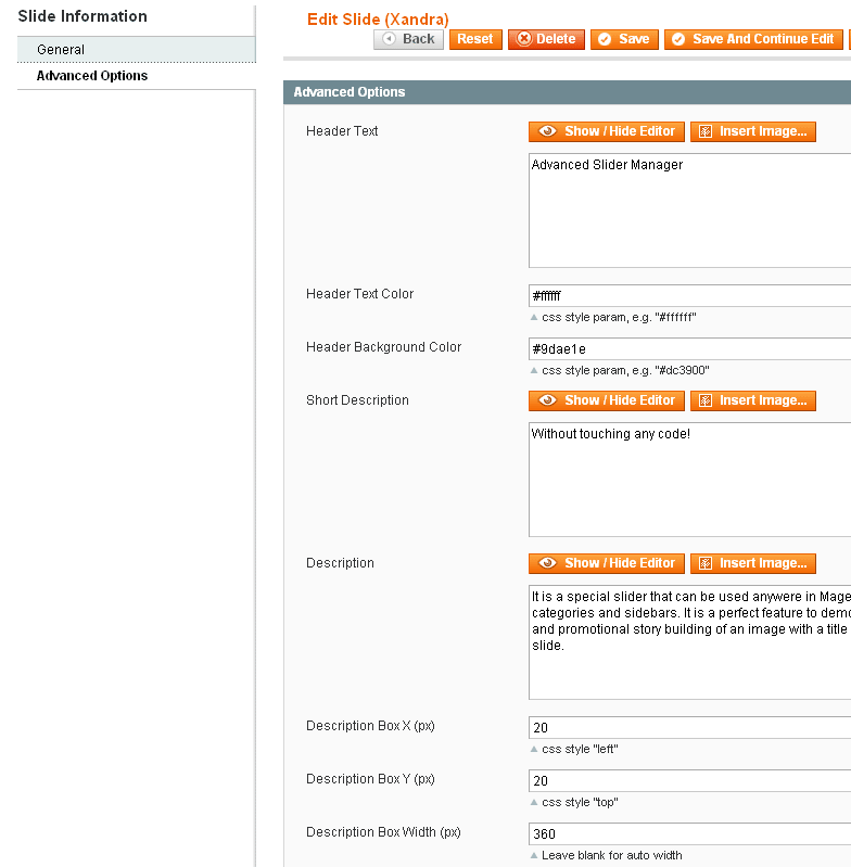 Magento Slider Settings