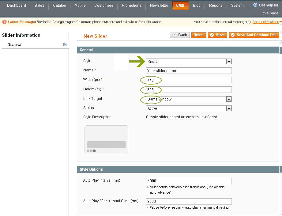 Magento Slider Settings