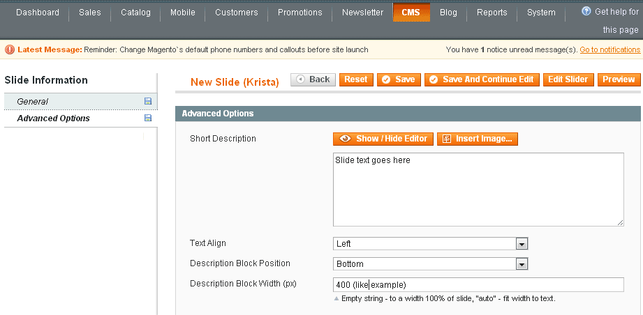 Magento Slider Settings