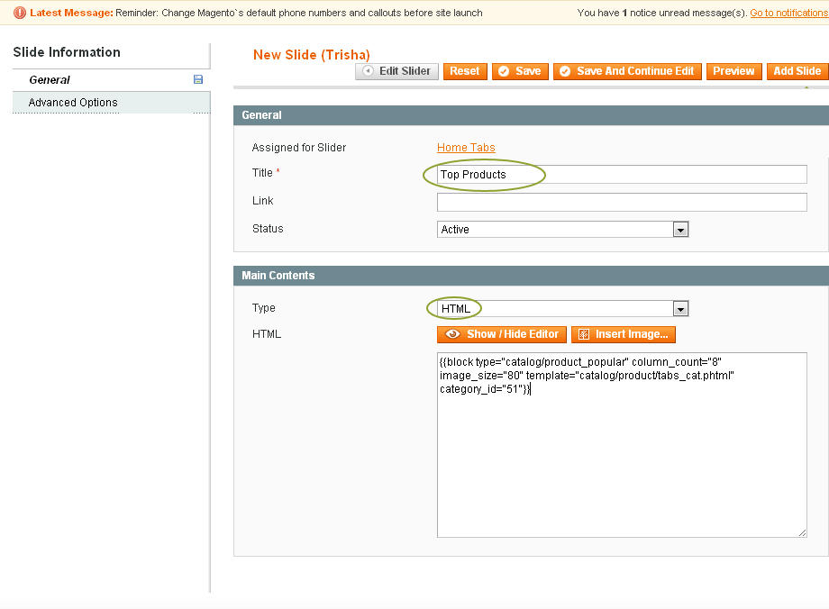 Magento Trisha Slider Settings