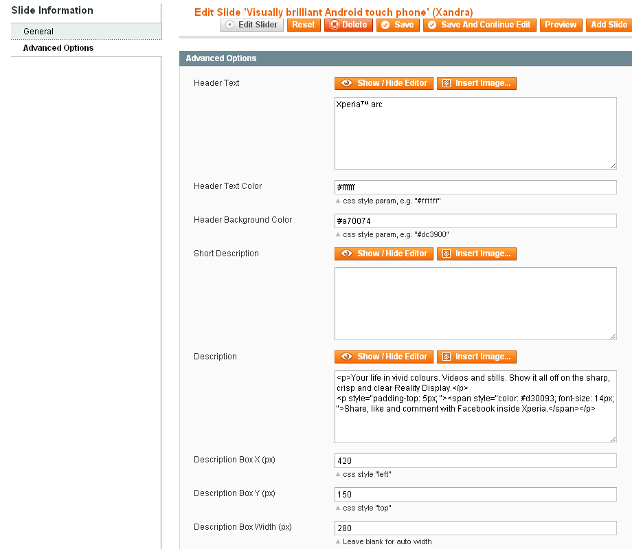 Magento Slider Settings