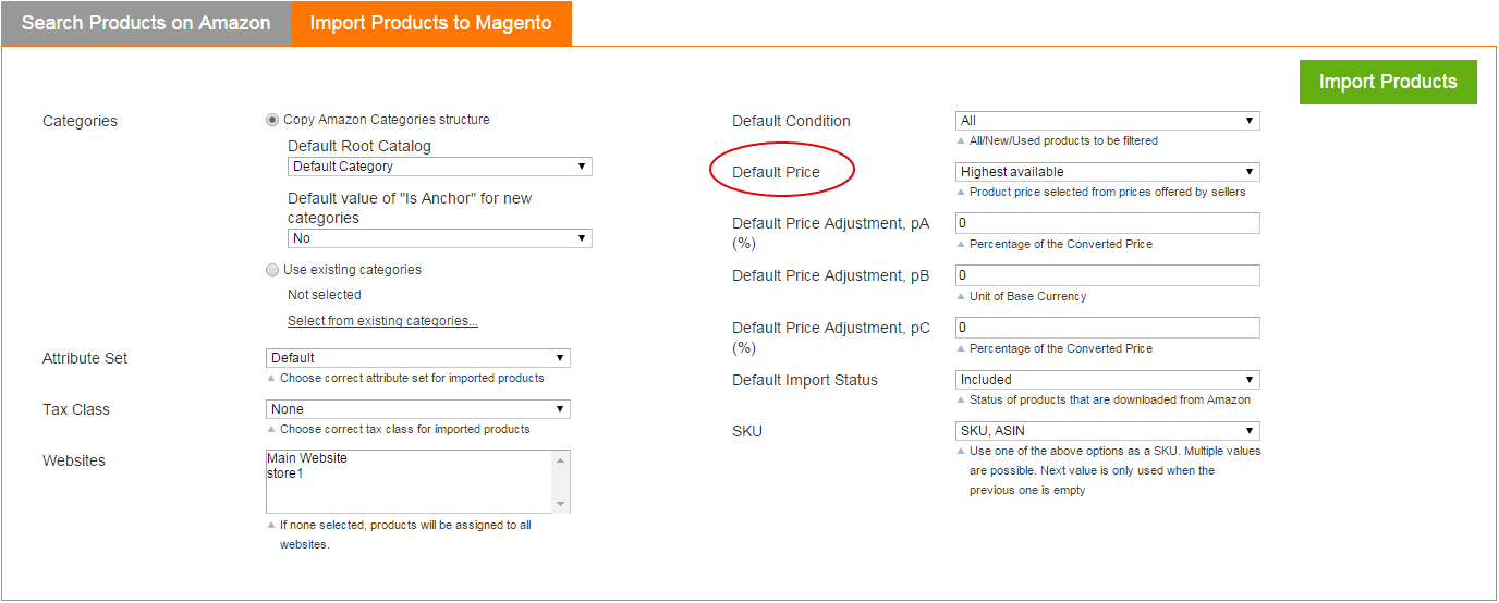 Magento Amazon extension - Search and Import settings - Default Price