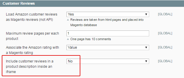 Magento Amazon extension - Include customer reviews in a product description inside an iframe