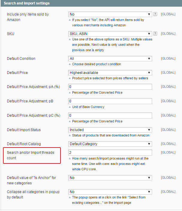 Magento Amazon extension - Search and/or Import threads count