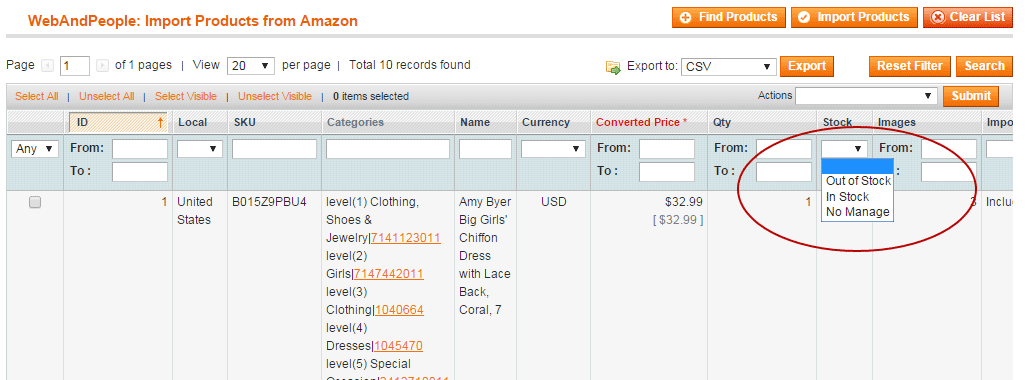 Amazon to Magento - filter out of stock products