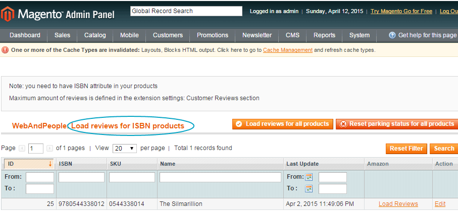 Magento load amazob reviews by ISBN