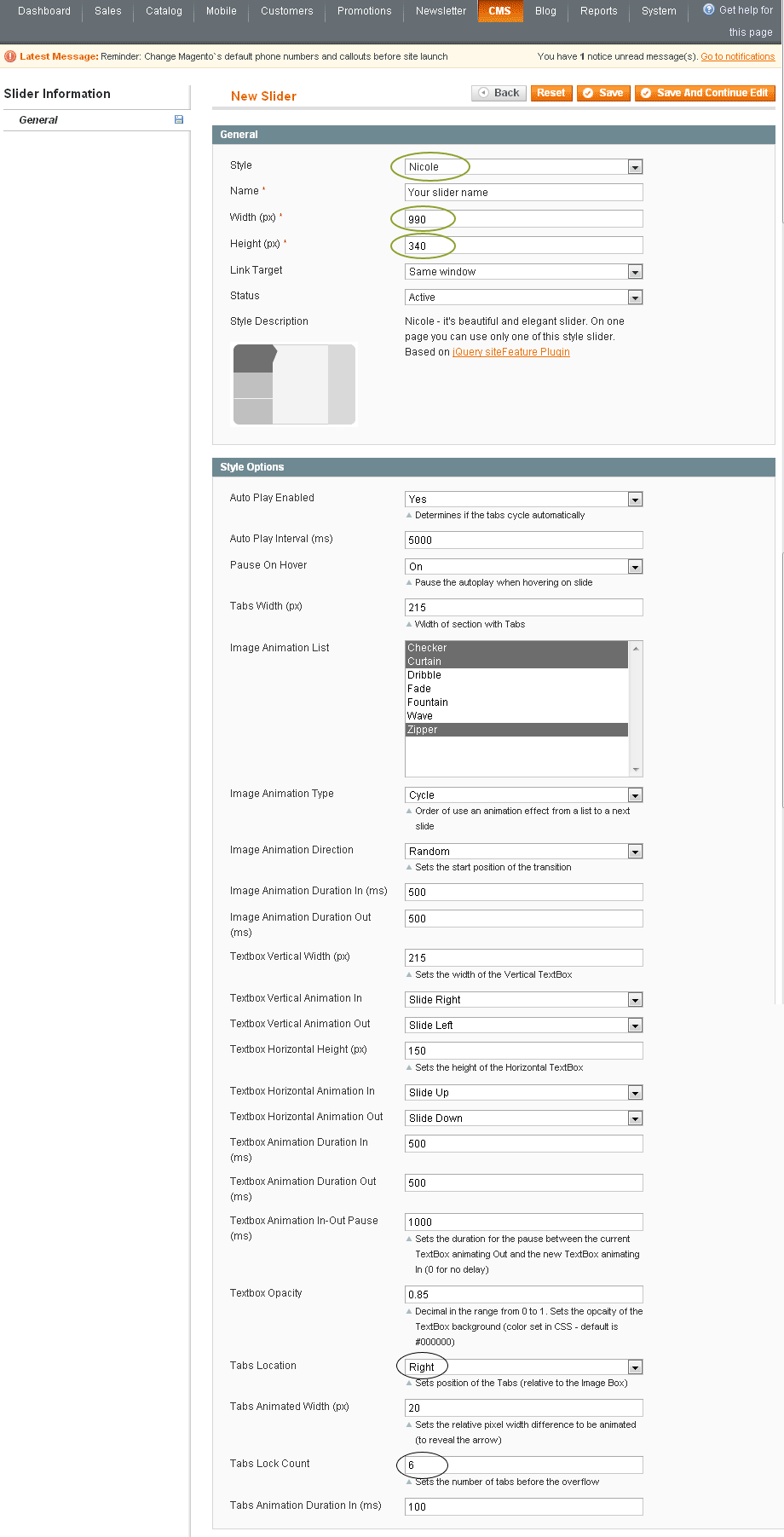 Magento Slider Settings