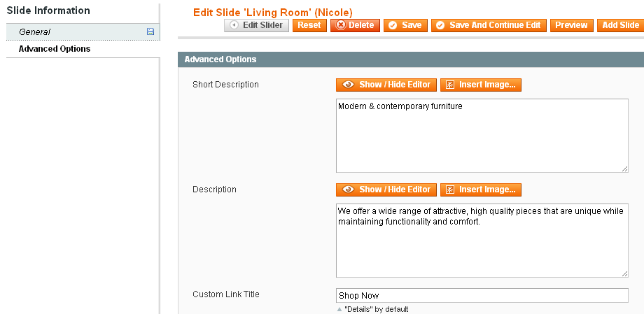 Magento Slider Settings