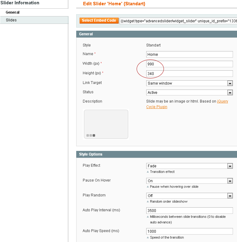 Magento Slider Settings