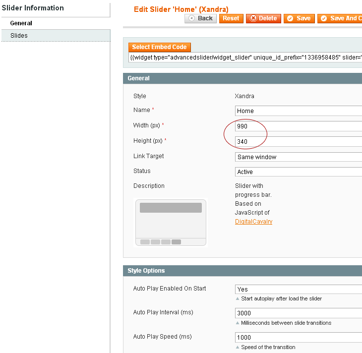 Magento Slider Settings