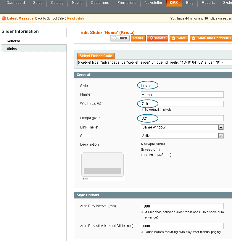 Magento Slider Settings