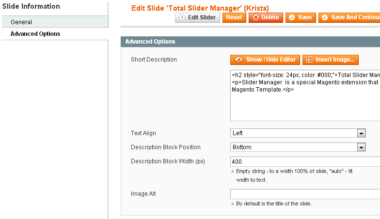 Magento Slider Settings