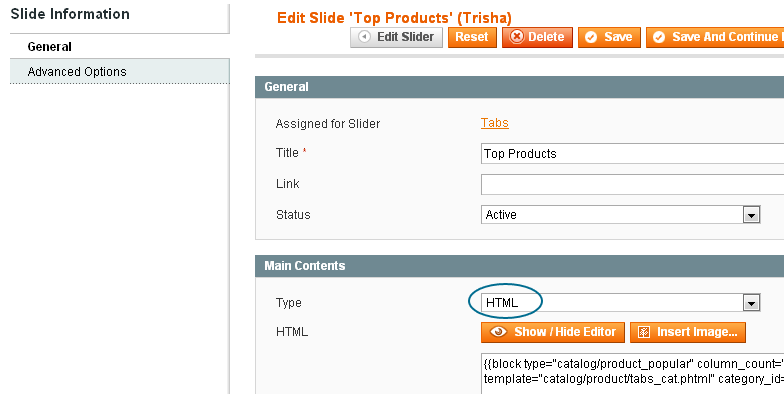 Magento Trisha Slider Settings