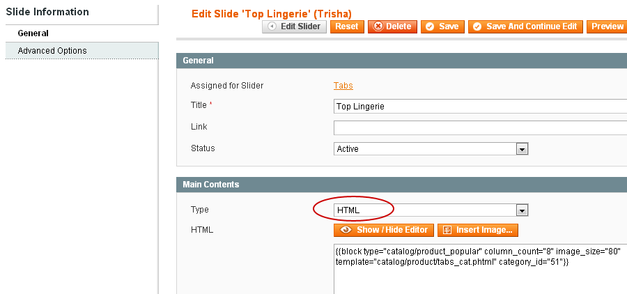 Magento Trisha Slider Settings