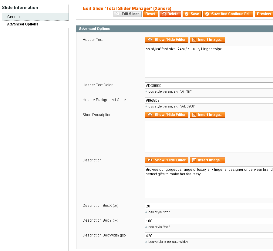 Magento Slider Settings