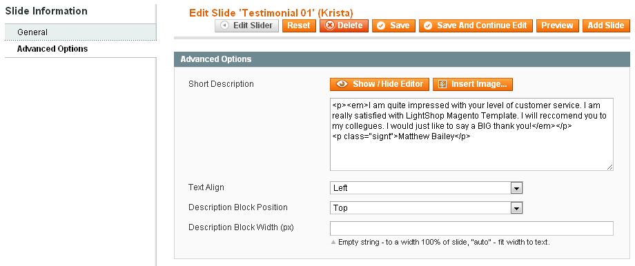 Magento Slider Manager - insert text into the short description field