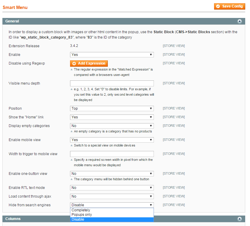 Smart Magento Menu general settings