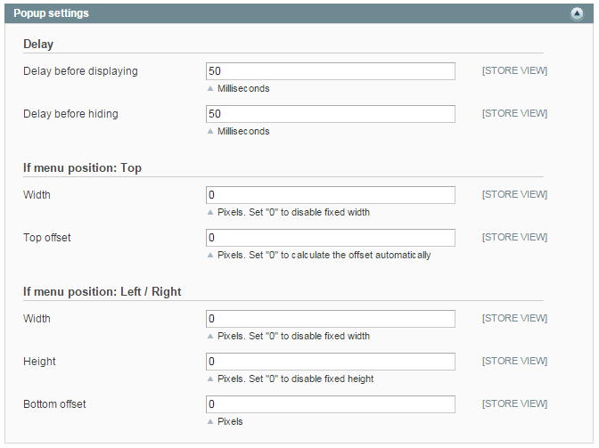 Smart Magento Menu popup settings